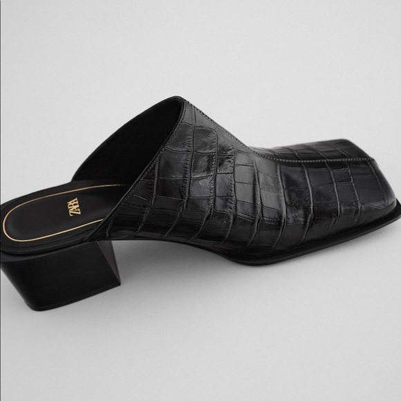 Zara Shoes - Zara Black Animal Croc Effect Genuine Leather Square Toe Block Heel Slides Mules